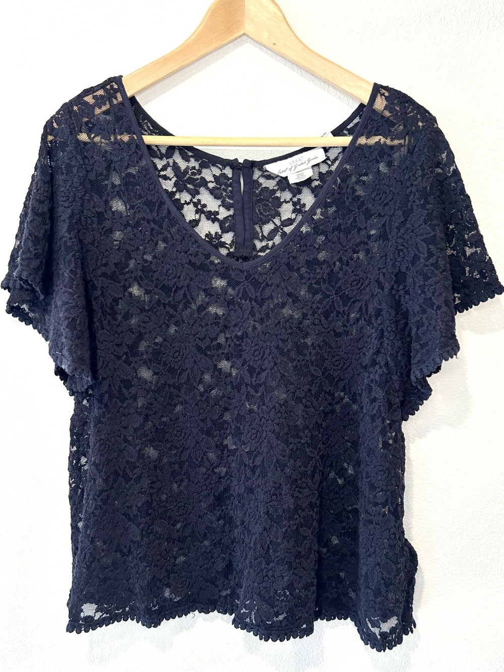 L.O.G.G. H&M Navy Lace Flutter Sleeve Overlay Top Boho Romantic Cottage Size L